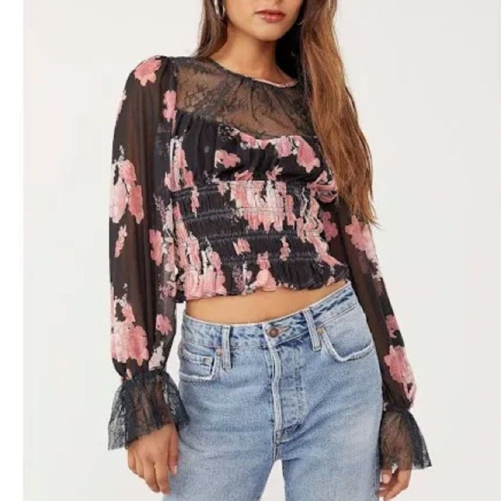 Free People Midnight Combo Top Black Floral Lace Sheer Smocked Blouse Size M